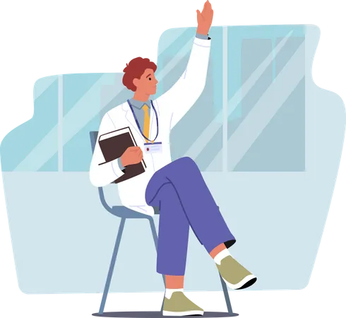 Medical Student with Badge and Book in Hand Asking Question on Seminar  Illustration