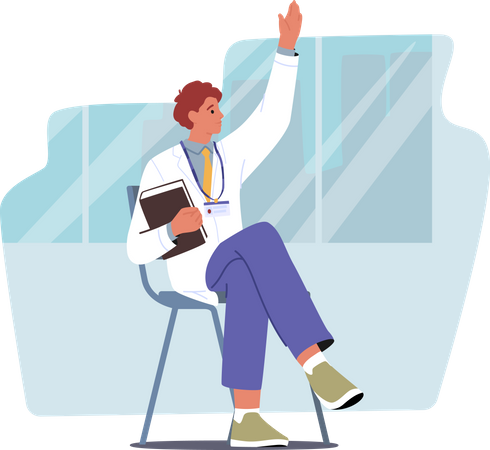Medical Student with Badge and Book in Hand Asking Question on Seminar  イラスト