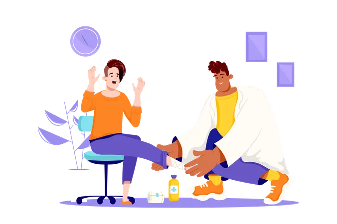 Medical First Aid Violet Concept With People Scene In The Flat Cartoon Design Medical Worker Provides First Aid To A Woman Who Sprained Her Leg Vector Illustration Illustration