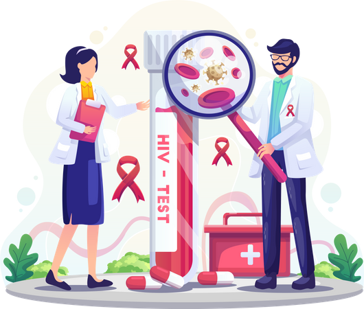 Medical workers with HIV test tube are researching on AIDS Blood  Illustration