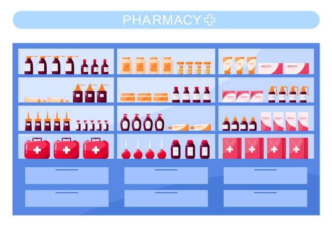 Medicina indicada na loja da farmácia  Ilustração