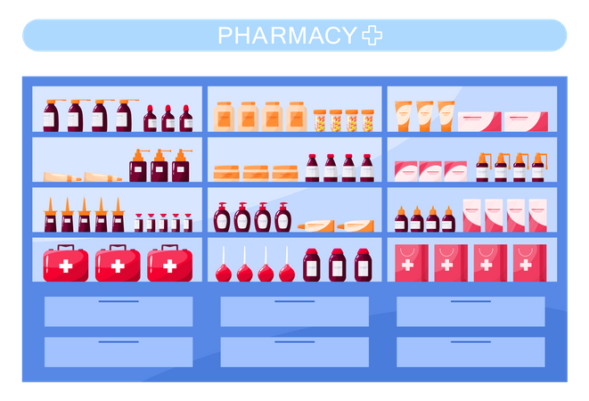 Medicine displayed at pharmacy store  Illustration