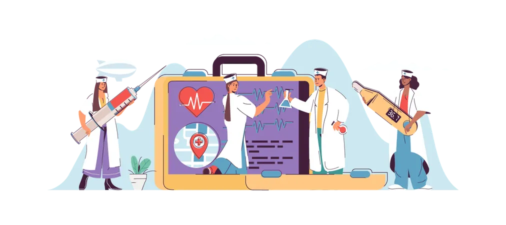 Medicine Healthcare Web Concept For Landing Page In Flat Design Doctor And Nurse Diagnosis Patients Examine Cardiogram Making Treatment Vector Illustration With People Scene For Website Homepage Illustration