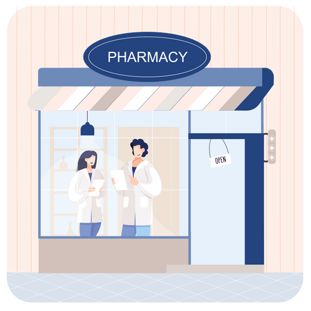 Male and female Pharmacist standing in Medicine Store Illustration