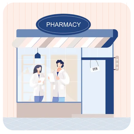 Male and female Pharmacist standing in Medicine Store Illustration