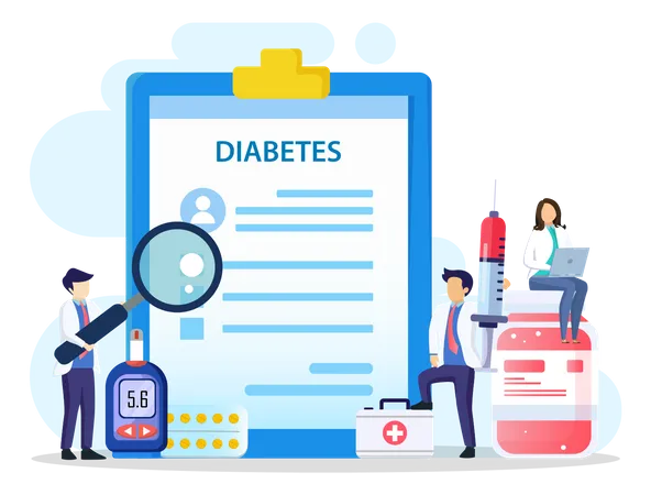 Concepto De Diabetes Medicinal El Medico Mide El Nivel De Glucosa En La Sangre Y Prescribe Estatinas Ilustracion De Vector Plano Ilustración