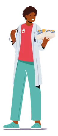 Conceito De Voluntariado Medico Personagem Medico Masculino Com Emblema Voluntario Segurando Remedio Para Pessoas Doentes Durante A Pandemia Tratamento De Doencas Homem Medico Com Drogas Ilustra O Vetorial De Desenho Animado Ilustração