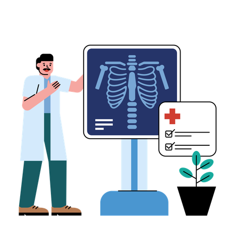 Médico analisa relatório de raio X  Ilustração