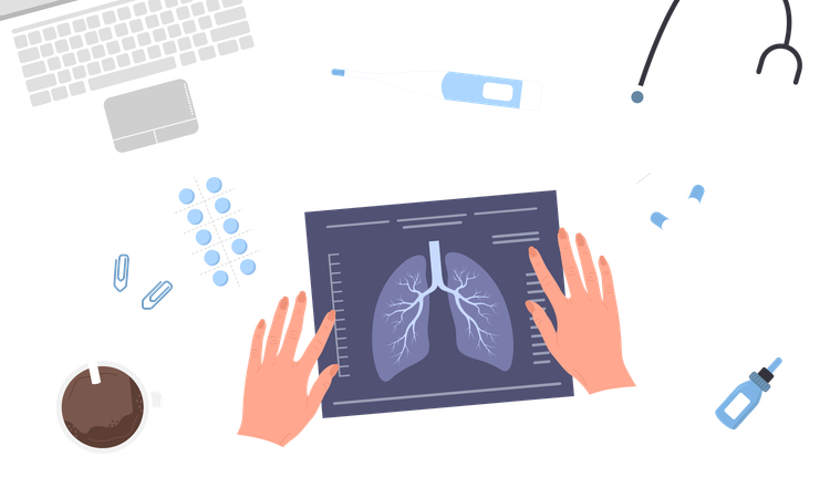 Médico analisando raio-X de pulmões  Ilustração