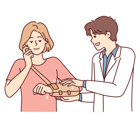El doctor aplica yeso al brazo roto de las niñas  Ilustración