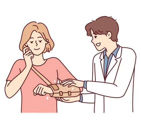 El doctor aplica yeso al brazo roto de las niñas  Ilustración