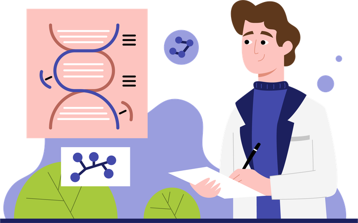 Médico aprendendo sobre DNA  Ilustração