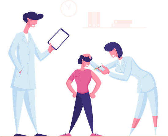 Médico atirando vacina com seringa no ombro do menino  Ilustração