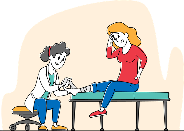 Médico Bandagem Perna Quebrada para Paciente do Sexo Feminino Sentada no Sofá na Clínica ou Traumatologista  Ilustração