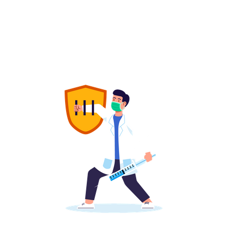 Médico combate propagação da gripe com injeção de vacina  Ilustração