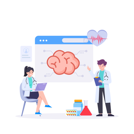 Médico comenta resultados cerebrales con cirujano  Illustration