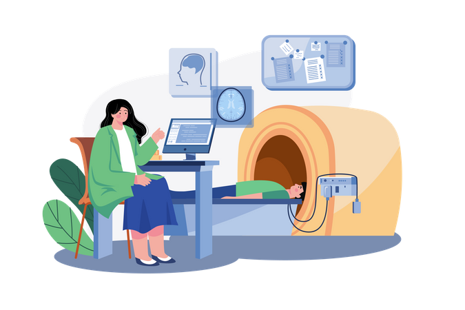 Médico revisando la salud del paciente usando una máquina de resonancia magnética  Ilustración