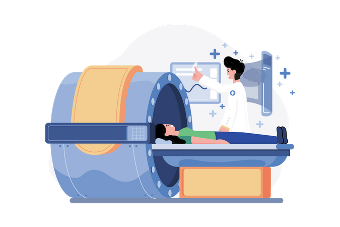 Médico revisando la salud del paciente usando una máquina de resonancia magnética  Ilustración