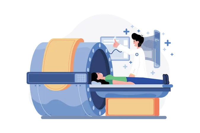 Médico revisando la salud del paciente usando una máquina de resonancia magnética  Ilustración