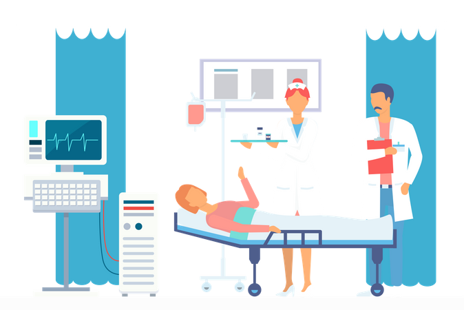 Médico revisando el estado del paciente después de la cirugía  Ilustración