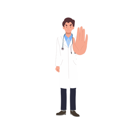 Médico con bata blanca haciendo señal de stop con la mano  Ilustración
