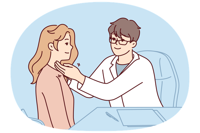 Un médico con bata blanca se sienta a la mesa y extiende las manos hacia la garganta de una paciente.  Ilustración