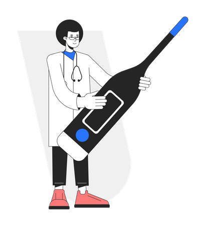 Médico con termómetro digital para fiebre.  Ilustración