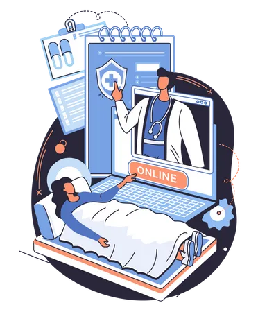 Médico consultando paciente doente virtualmente  Ilustração