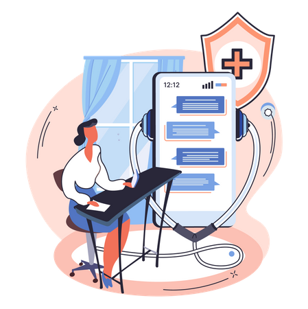 Médico consultando paciente através de chat online  Ilustração