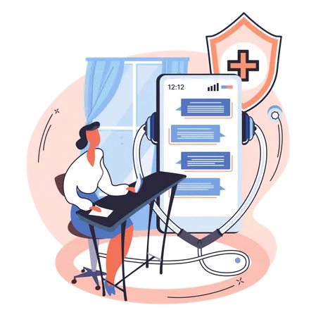 Médico consultando paciente através de chat online  Ilustração