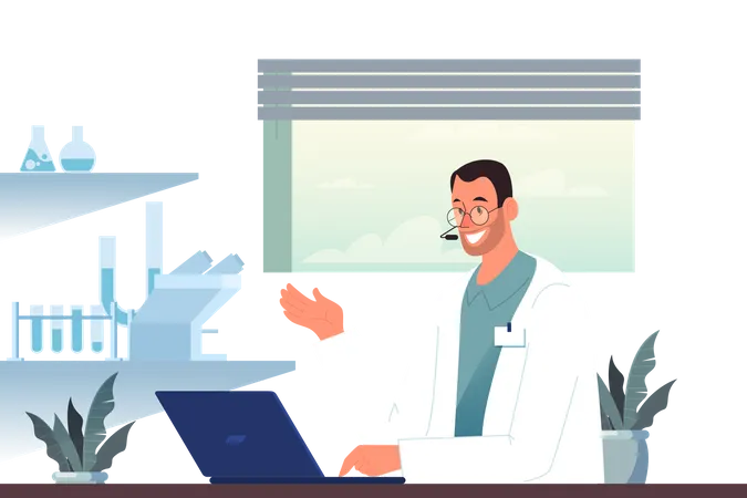 Médico consultando paciente por videoconferência  Ilustração