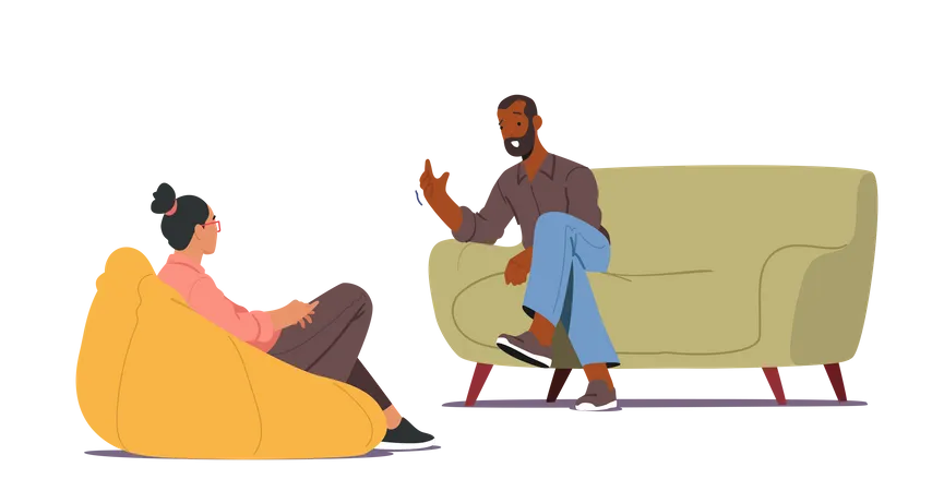 Medico Personagem Especialista Conversando Com Paciente Sobre Problema De Saude Mental Homem Deprimido Sentado No Sofa Em Consulta Com Psicologo Precisa De Ajuda Profissional Ilustra O Vetorial De Pessoas Dos Desenhos Animados Ilustração