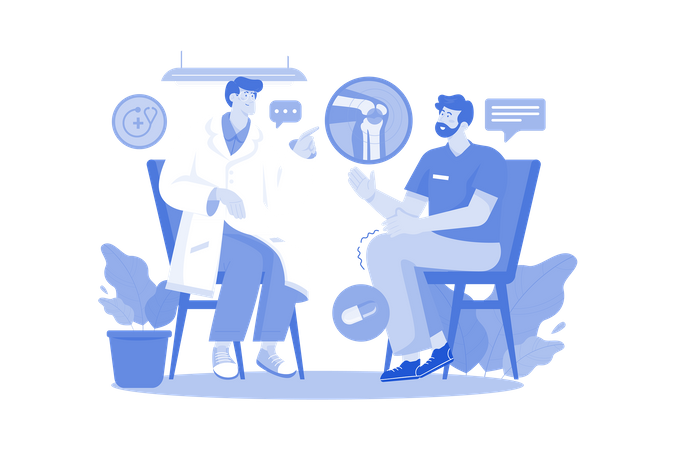 O médico dá uma consulta a um paciente do sexo masculino  Ilustração