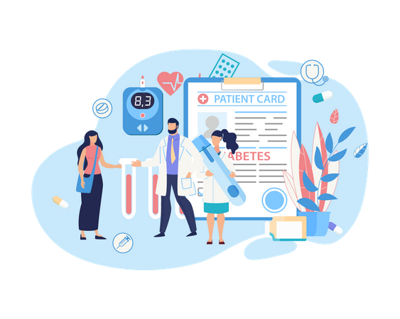 Médico dando doenças cardíacas cura remédio para paciente a partir do cartão do paciente  Illustration