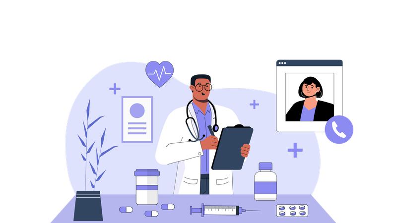 Médico dando prescrição de medicamentos on-line  Ilustração