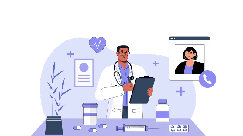 Médico dando prescrição de medicamentos on-line  Ilustração