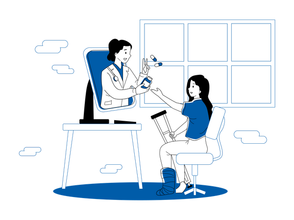 Médico dando prescrição médica em videochamada  Ilustração