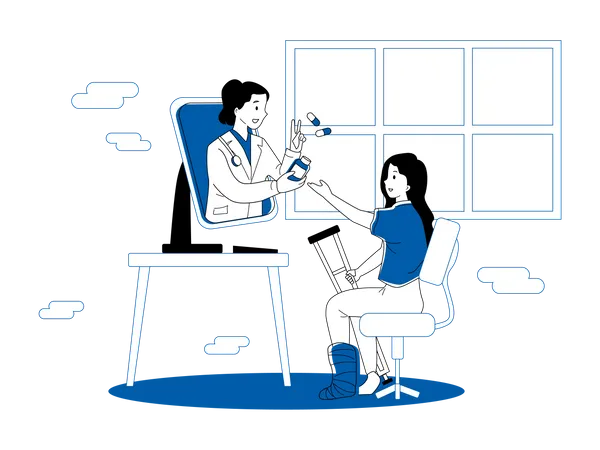 Médico dando prescrição médica em videochamada  Ilustração
