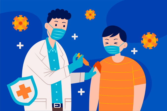 Médico dando vacina corona para menino  Illustration