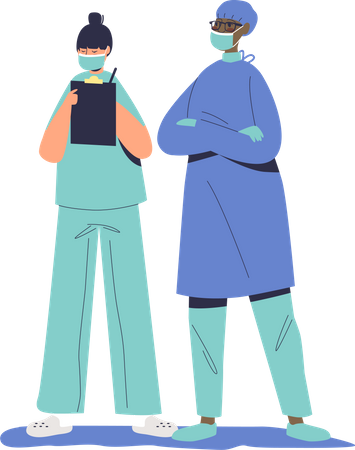 Médico de cirurgia e enfermeira em pé  Ilustração