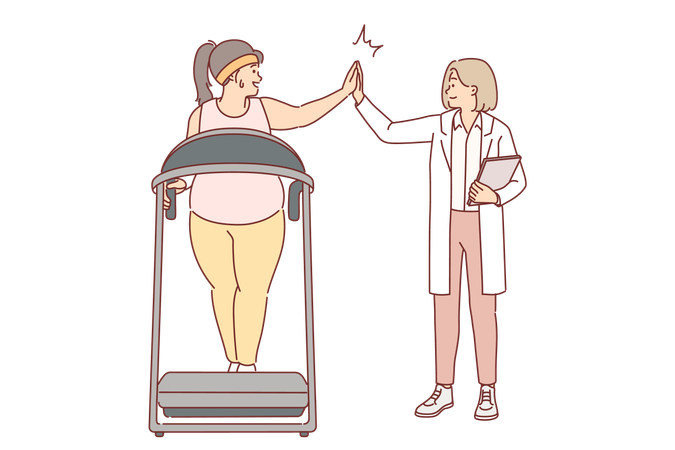 Médico de fitness monitora o progresso do exercício feminino de grandes dimensões na esteira no ginásio  Ilustração