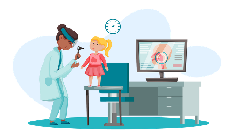 Médico de otologia com paciente. Medicina de saúde otorrinolaringológica ou doenças otorrinolaringológicas  Ilustração