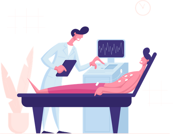 Médico digitalizando jovem com máquina de diagnóstico por ultrassom  Ilustração
