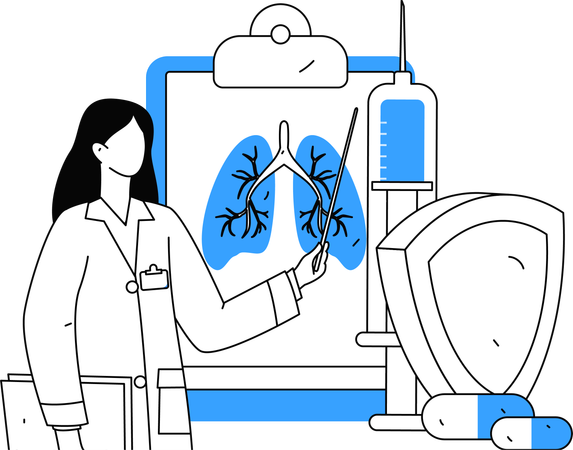 Médico discute relatório de infecção pulmonar com paciente  Ilustração