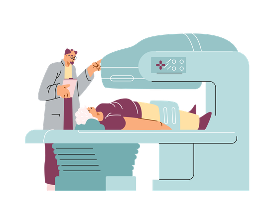 Médico e paciente idosa com equipamento de ressonância magnética  Ilustração