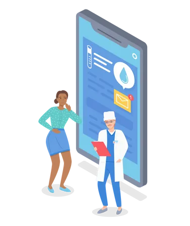 Mulher médica e paciente se comunicam via smartphone sobre testes  Ilustração