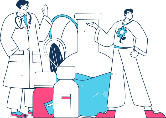 Médico em pé com medicamentos  Ilustração