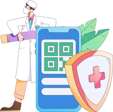 Médico em pé com pagamento de código qr de seguro on-line  Ilustração