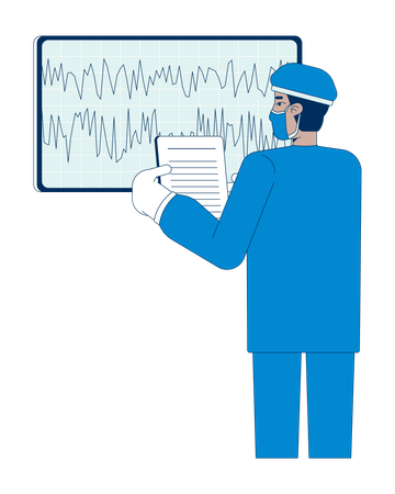 Médico con bata analizando datos de ondas cerebrales en un monitor  Ilustración