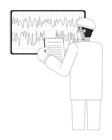 Médico con bata analizando datos de ondas cerebrales en un monitor  Ilustración